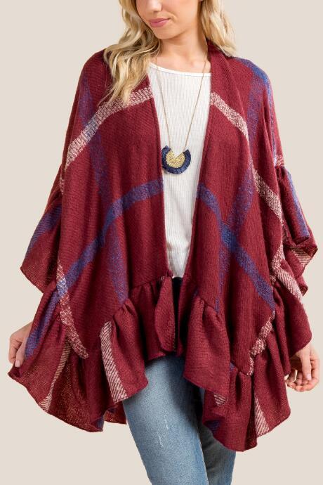Francesca's Robin Ruffle Hem Ruana - Burgundy