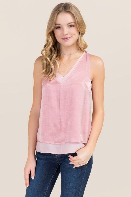 Blue Rain Marnie Hammered Satin With Chiffon Sleeveless Top - Mauve