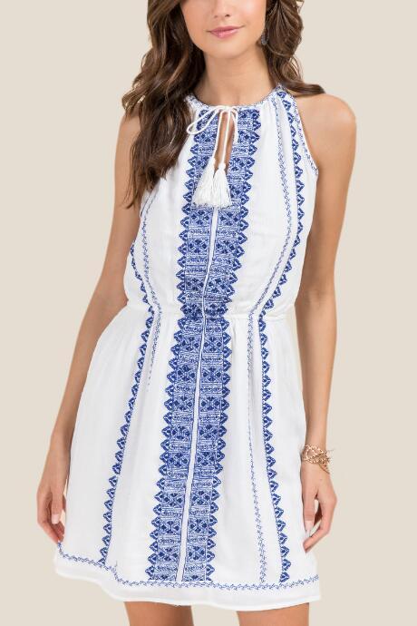 Francesca Inchess Abir Embroidered Tassel Tie A-line Dress - White