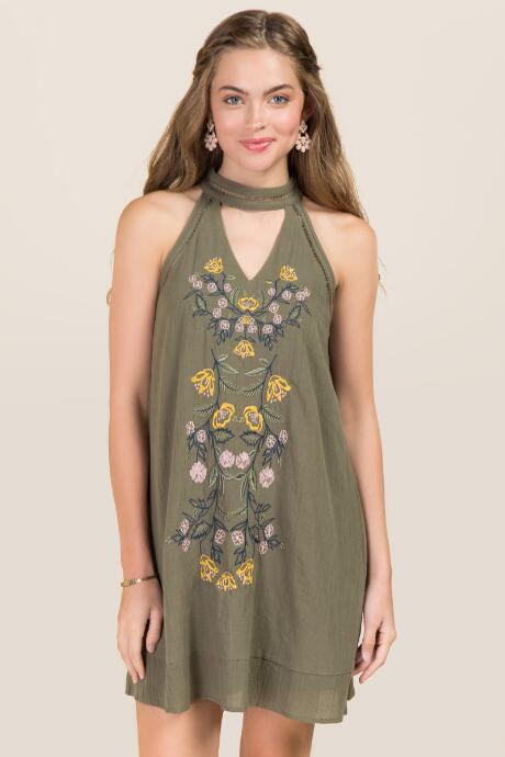 Blue Rain Sigrid Embroidered Shift Dress - Dark Olive