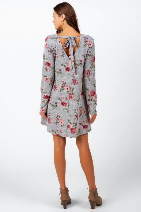 Francesca's Rosie Floral Back Tie Dress - Gray