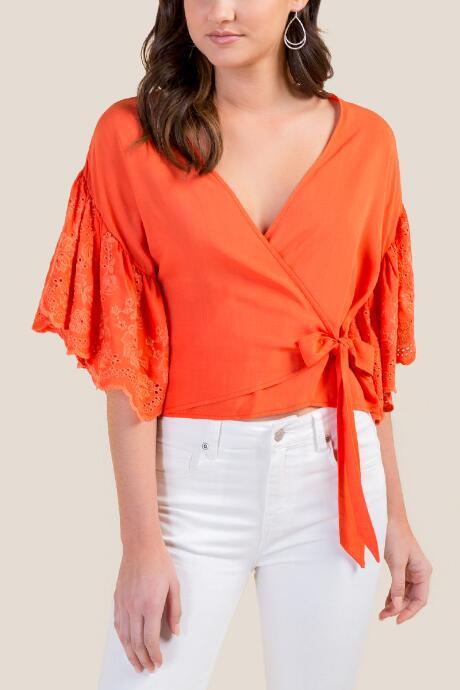Francesca's Candice Eyelet Sleeve Wrap Top - Orange
