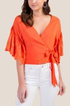 Francesca's Candice Eyelet Sleeve Wrap Top - Orange