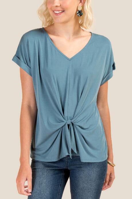 Francesca's Ellie Knot Front Cuff Sleeve Cupro Top - Dark Teal