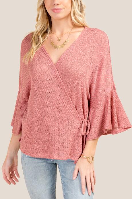 Francesca's Delilah Ruffle Sleeve Wrap Top - Rose
