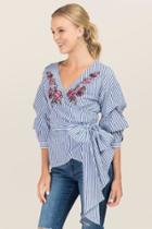 Salt & Pepper Clothing, Inc. Charli Embroidered Lantern Sleeve Wrap Top - Navy