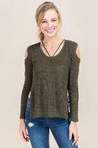 Francesca's Carson Strappy Cold Shoulder Sweater - Olive