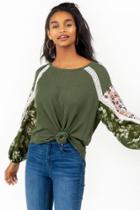 Francesca's Juney Floral Sleeve Sweater - Olive
