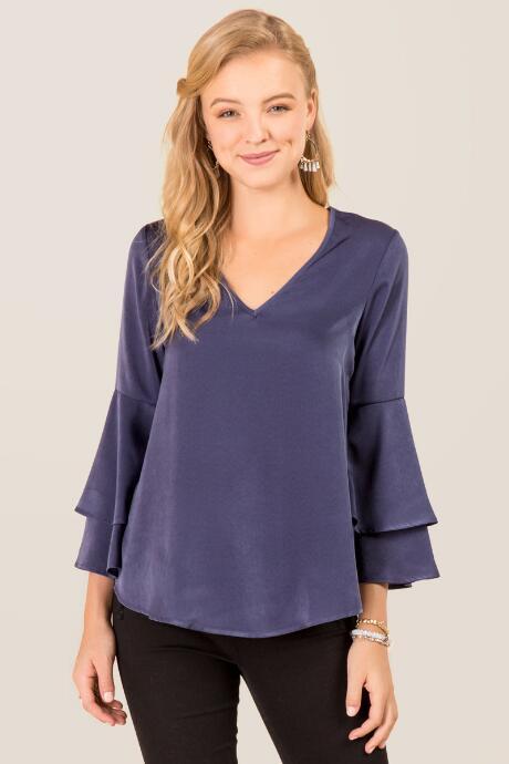 Francesca's Lexxy Ruffle Sleeve Top - Navy