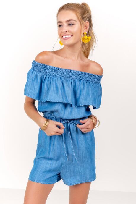Francesca's Jolie Off Shoulder Romper - Chambray