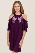 Alya Laila Cold Shoulder Floral Embroidered Dress - Purple