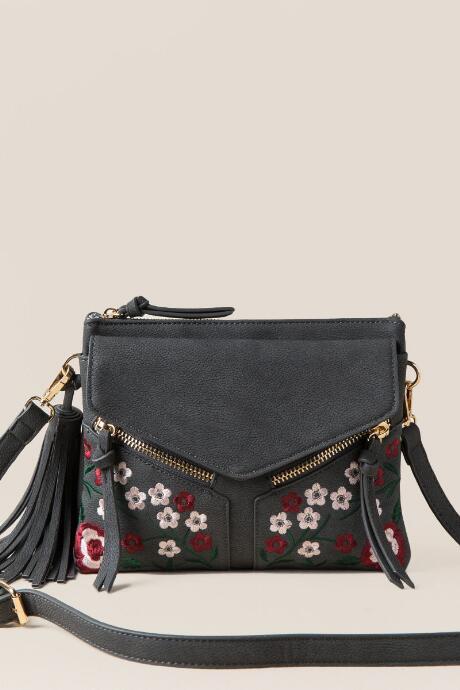 Francesca's Carmella Floral Double Zip Crossbody - Gray