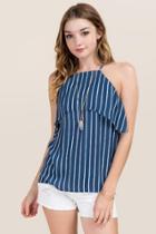 Blue Rain Emilee High Neck Ruffle Striped Tank - Navy
