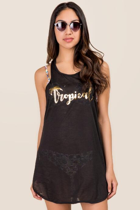 Francescas Gold Tropical Foil Screen Cover-up - Black