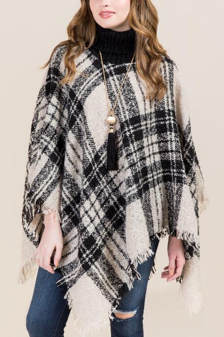Francesca's Velma Plaid Turtleneck Ruana - Black/white