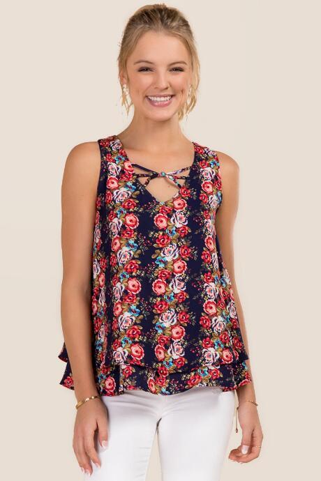 Blue Rain Kendrah X Neck Floral Layer Tank - Navy