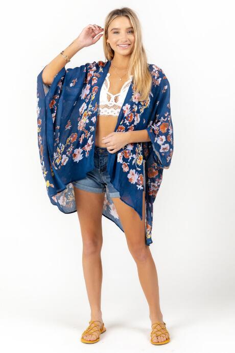 Francesca's Kay Blue Floral Kimono - Blue