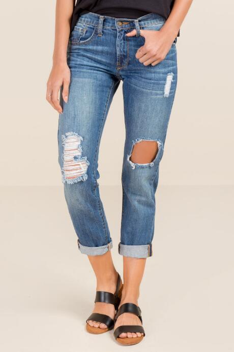Francesca's Gilly Destructed Rolled Hem Jeans - Medium Wash