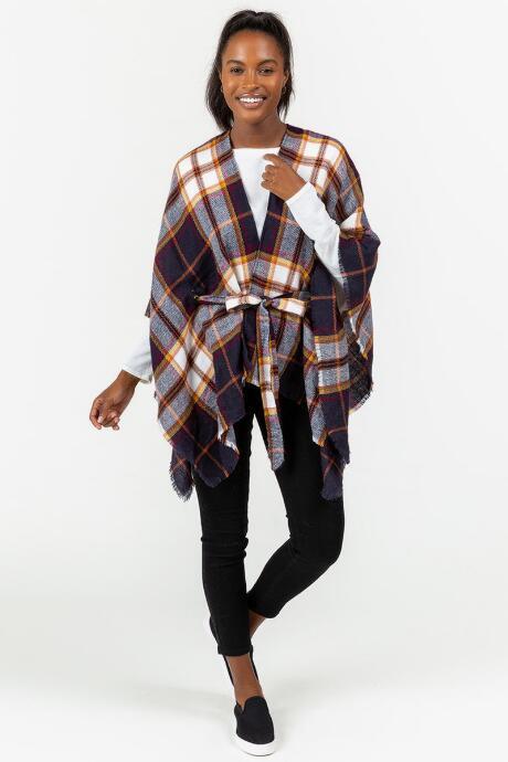 Francesca's Meg Belted Plaid Kimono - Navy