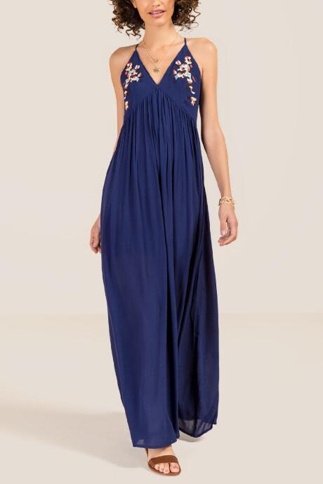 Francesca Inchess Chiara V-neck Embroidered Maxi Dress - Navy