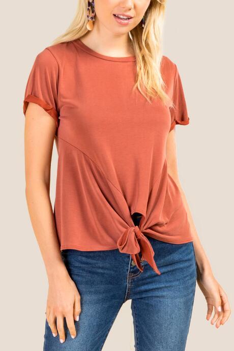 Francesca's Hattie Tie Front Basic Cupro Top - Cinnamon