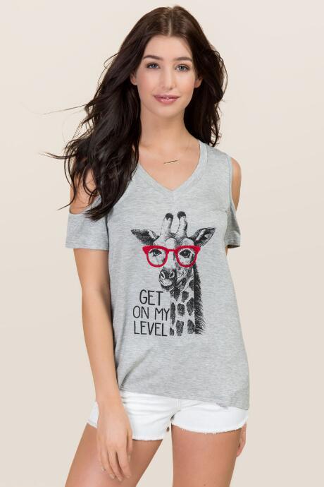 Alya Giraffe Get On My Level Cold Shoulder Graphic Tee - Heather Gray