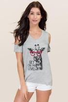 Alya Giraffe Get On My Level Cold Shoulder Graphic Tee - Heather Gray