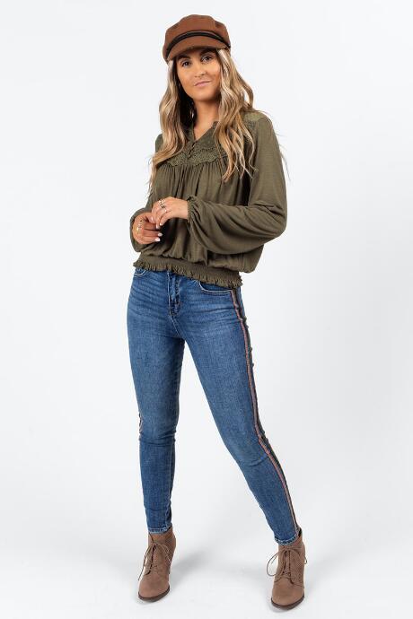 Francesca's Carolina Crochet Slub Blouse - Dark Olive