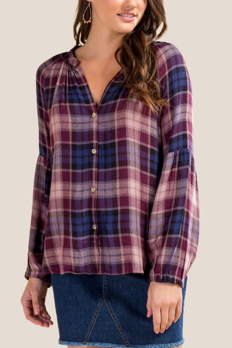 Francesca Inchess Isabelle Statement Sleeve Plaid Button Down - Purple