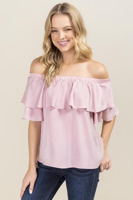 Mi Ami Emerson Hammered Satin Off The Shoulder Ruffle Top - Pink