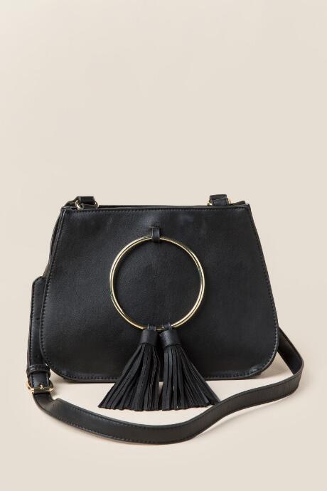 Francesca's Saylor Double Ring Tassel Crossbody - Black