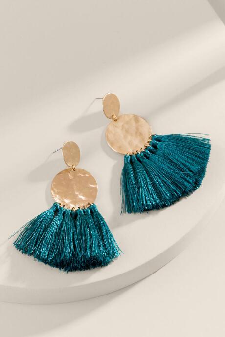 Francesca's Bella Hammered Metal Tassel Drop Earrings - Dark Teal