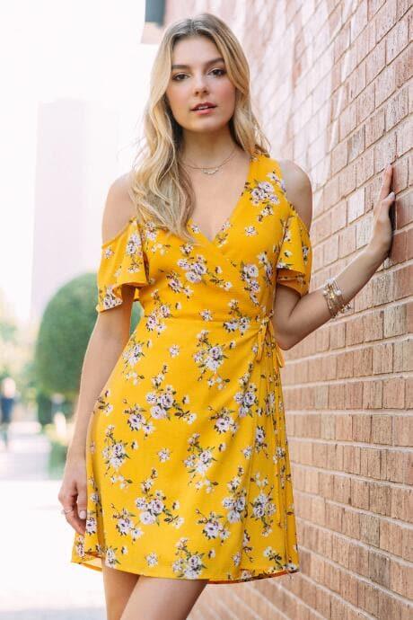 Blue Rain Ophelia Cold Shoulder Floral Wrap Dress - Marigold