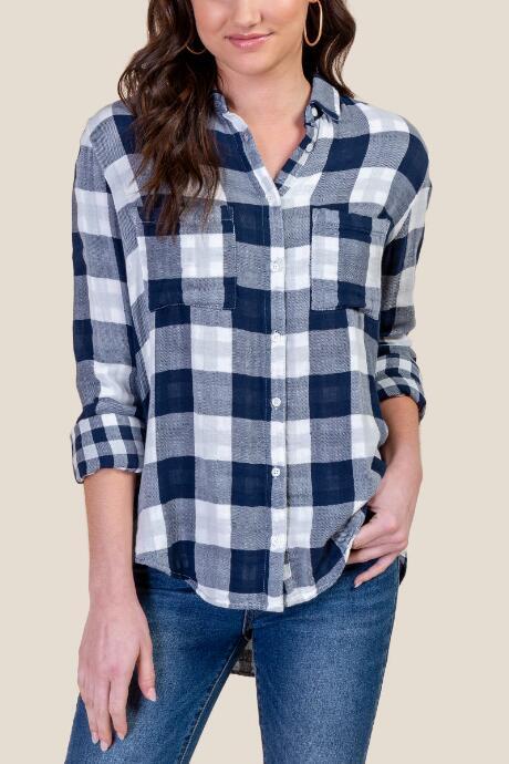 Francesca's Heather Checkered Button Down Top - Navy