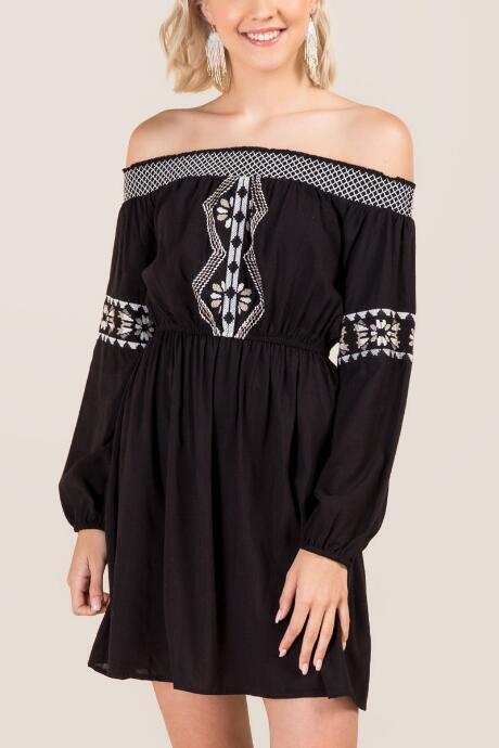 Francesca's Ramona Off The Shoulder Embroidered Dress - Black