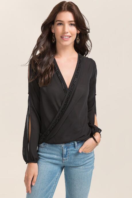 Francescas Iona Surplus Beaded Trim Blouse - Black