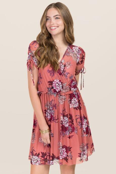 Blue Rain Mera Surplus Mesh Floral Dress - Rose