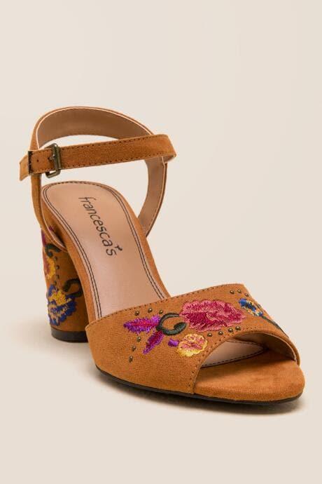 Francesca Inchess Wanita Embroidered Block Heel - Cognac