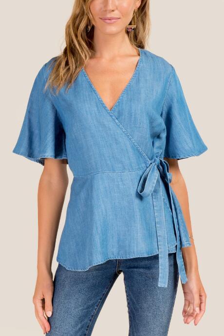 Francesca's Colette Chambray Wrapped Blouse - Chambray