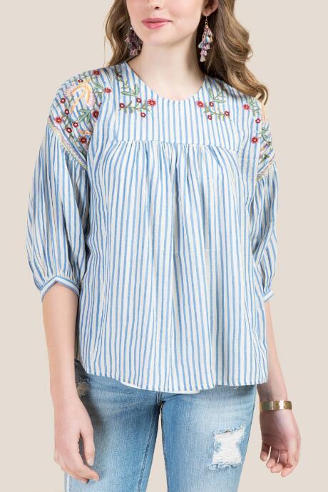 Francesca's Arianna Embroidered Peasant Blouse - Oxford Blue