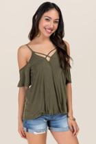 Francesca's Laura X Neck Cold Shoulder Knit Top - Olive