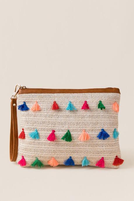 Francesca's Maya Straw & Tassel Clutch Wristlet - Natural