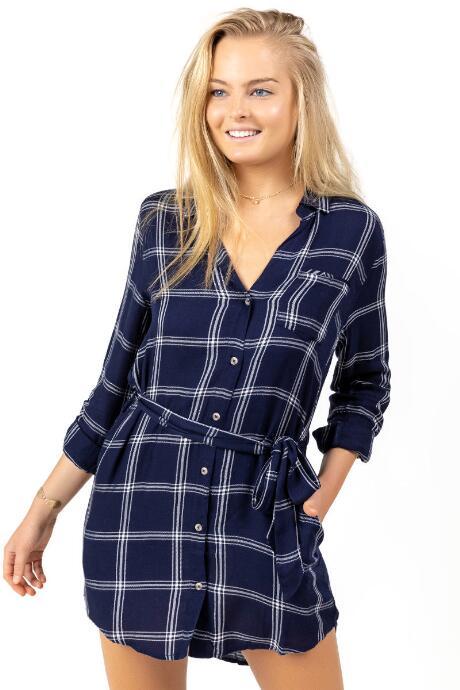 Francesca's Wrenly Windowpane Shirt Dress - Navy