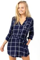 Francesca's Wrenly Windowpane Shirt Dress - Navy