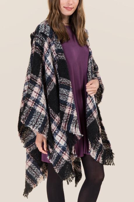 Francesca's Alyssia Plaid Hooded Ruana - Black