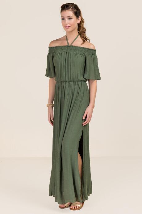 Blue Rain Cece Smocked Off Shoulder Maxi Dress - Dark Olive
