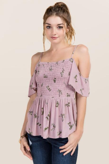 Blue Rain Blythe Smocked Floral Cold Shoulder Top - Dark Mauve