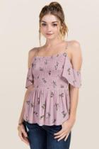 Blue Rain Blythe Smocked Floral Cold Shoulder Top - Dark Mauve