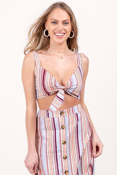 Francesca's Angie Striped Tie Front Top - Fuchsia