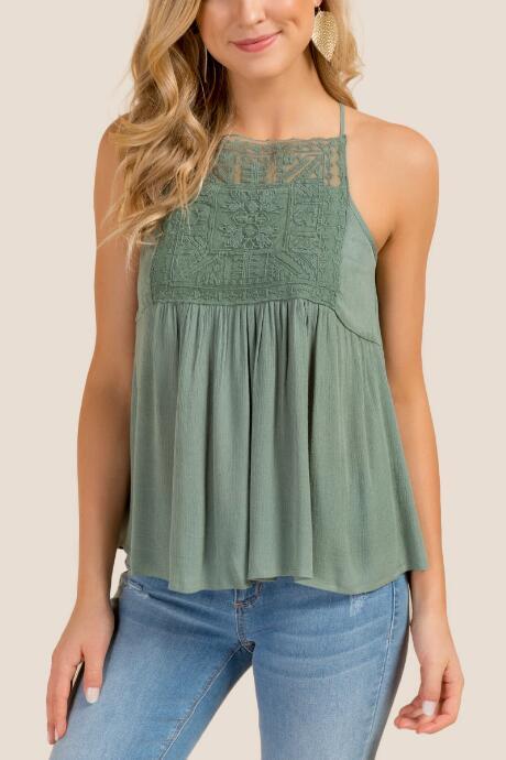 Francesca Inchess Natalia High Neck Lace Bust Tank Top - Dark Olive